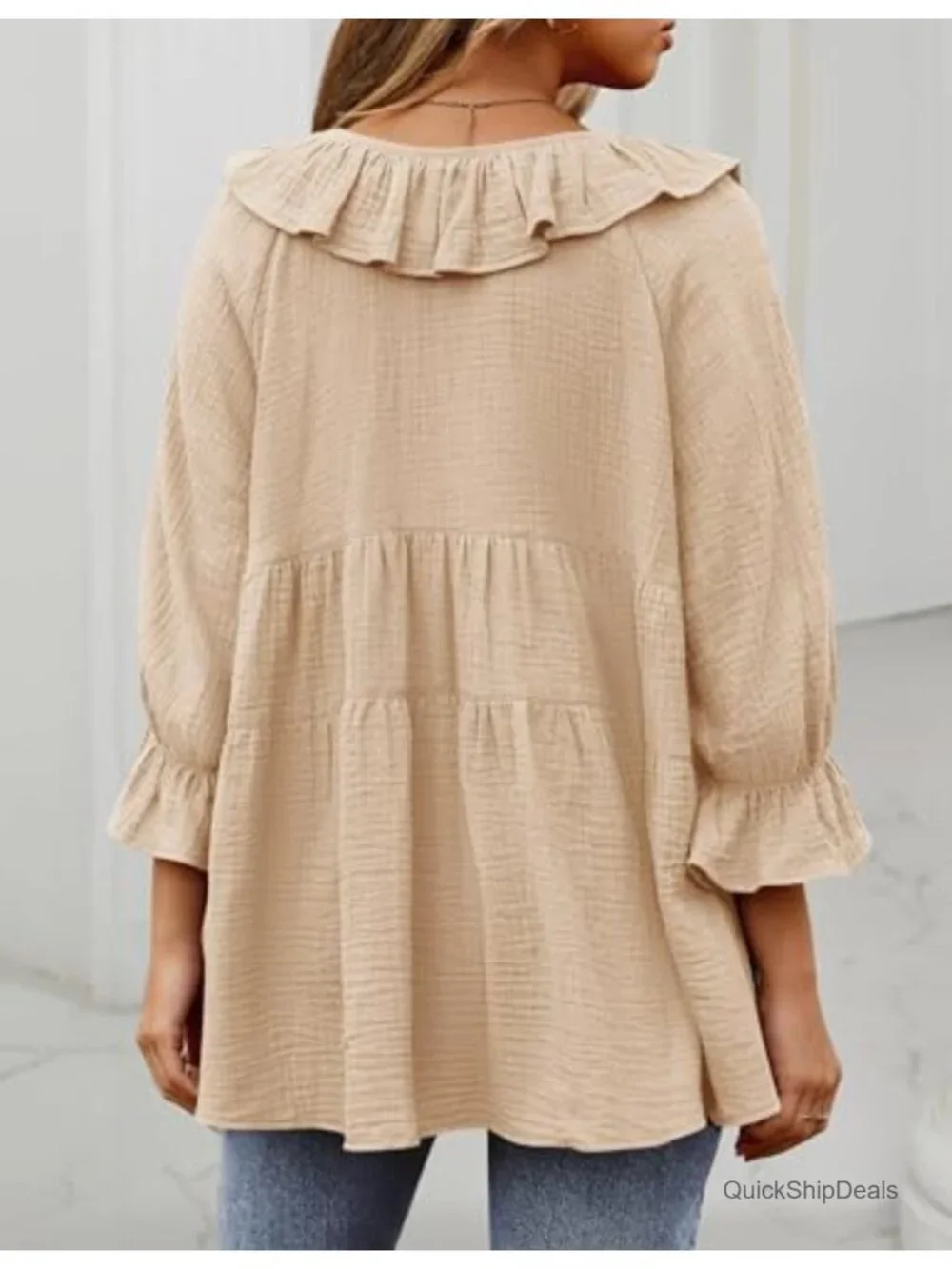 3/4 Sleeve Scoop Neck Tie Front Ruffle Tunic Blouse